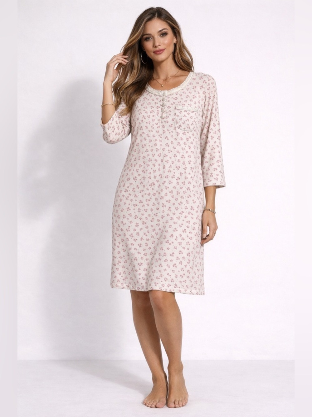 Vintage Komar Floral Nightgown 100% Cotton Pink 3/4 Sleeve Button One Size Dress